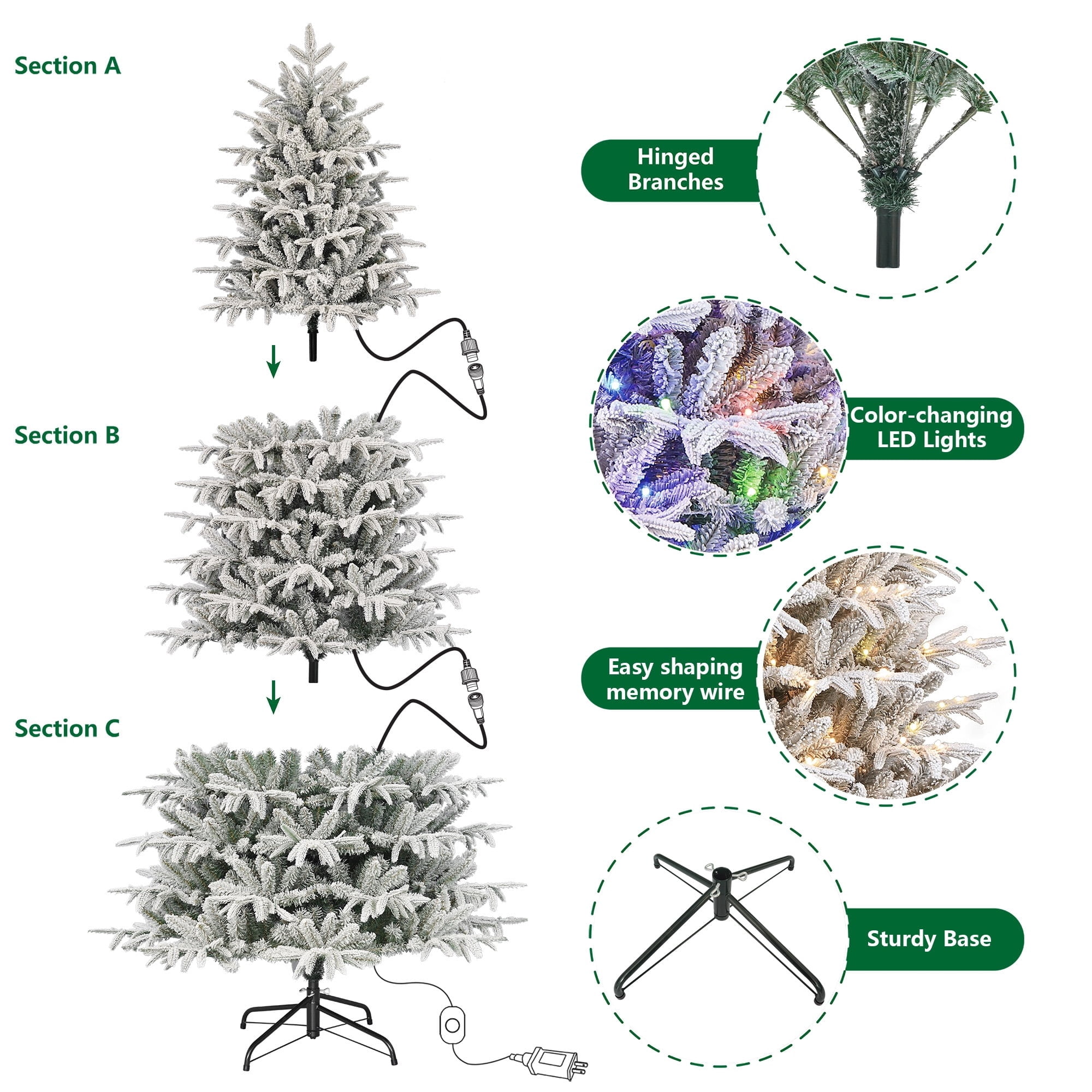 7.5' Pre-Lit Aberdeen Spruce Snow-Flocked Green Artificial Christmas Tree with 400 Color-Changing LED Lights and Stand, by Holiday Time