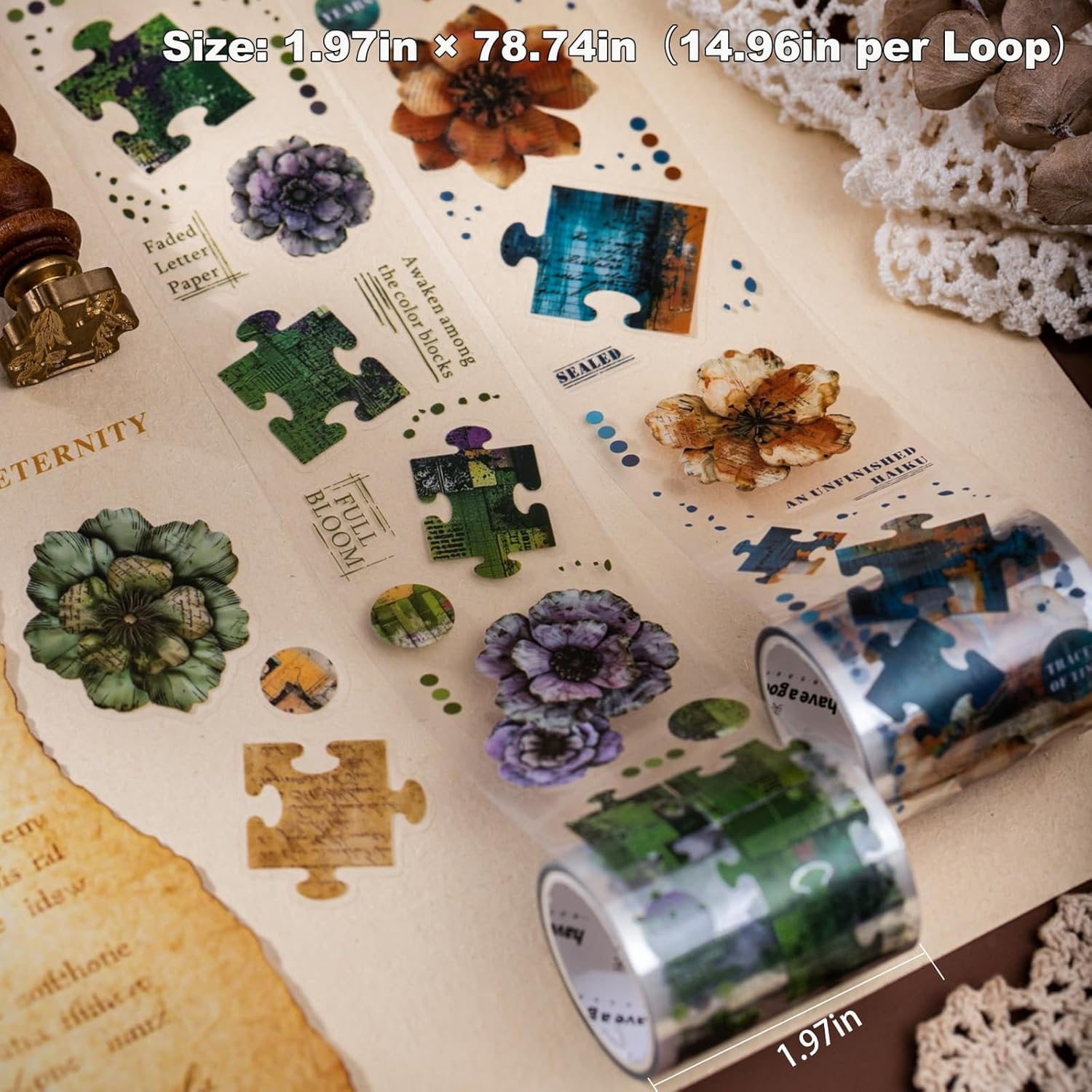 6-Roll Puzzle  Floral PET Tape Set - Pre-Cut Transparent  Collage Flower Stickers for Scrapbooks Journals Planners Cards & DIY Craft Decoration
