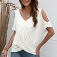 thumbnail image 2 of Blusa torcida con hombros descubiertos y cuello en V de verano Tops para mujer Camiseta informal holgada de color puro para fiesta de citas Blanco L, 2 of 6