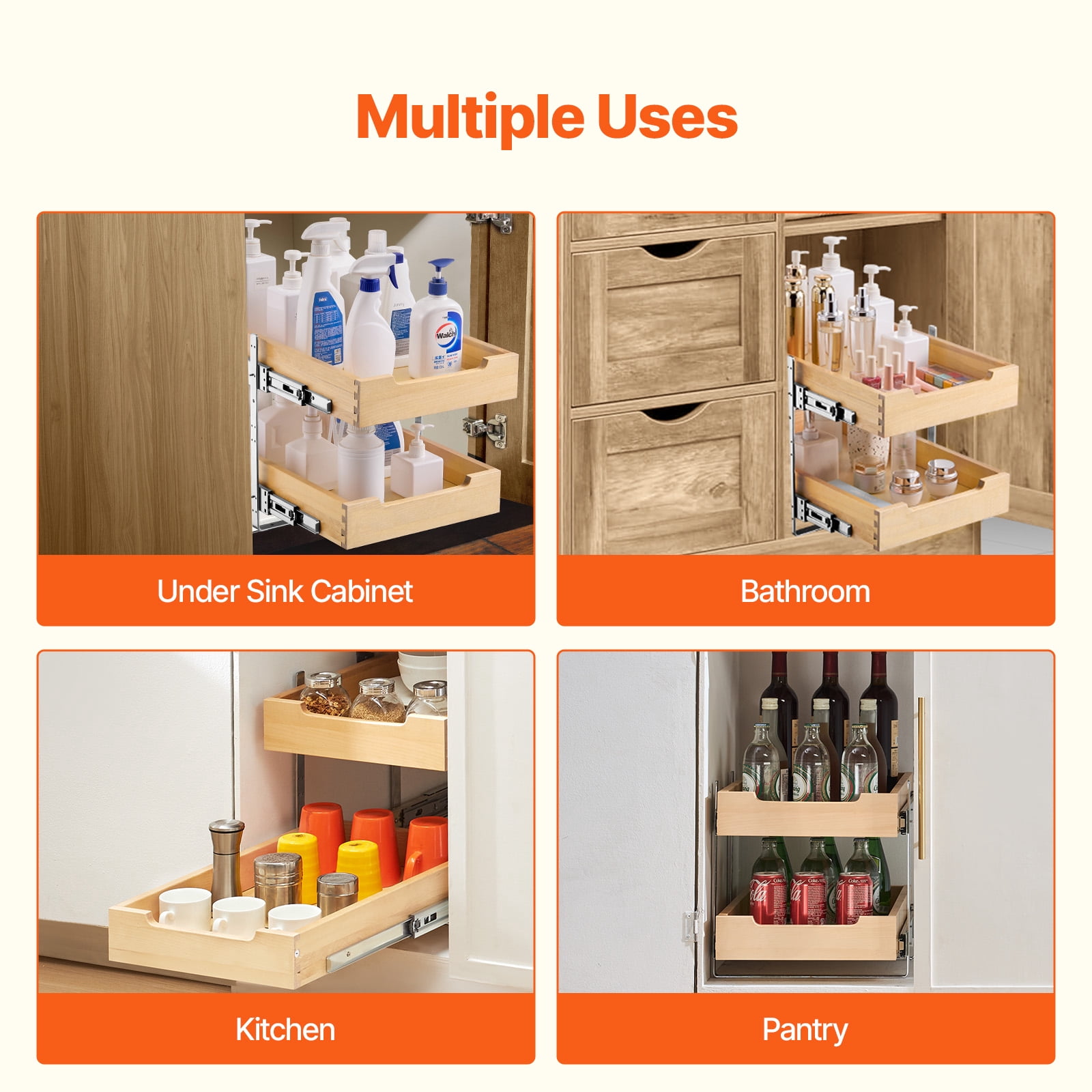KFFKFF 2-Tier Pull-Out Cabinet Organizer, 14"W x 21"D Sliding Drawer, Soft-Close Shelf, Durable Wooden Design, Adjustable Base for Kitchen, Pantry, or Bathroom Storage