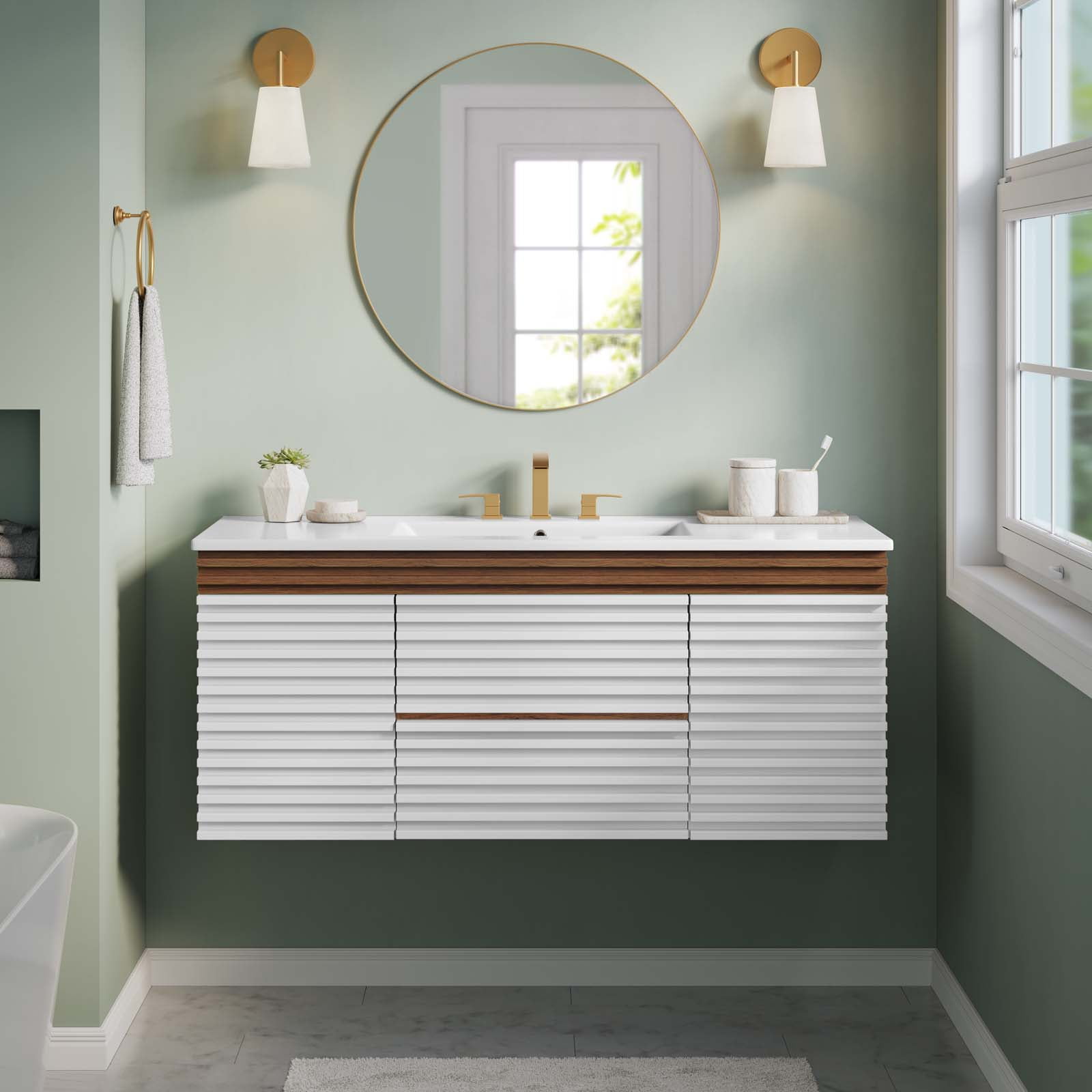 Modway Render 48" WallMount Bathroom Vanity in White Walnut White