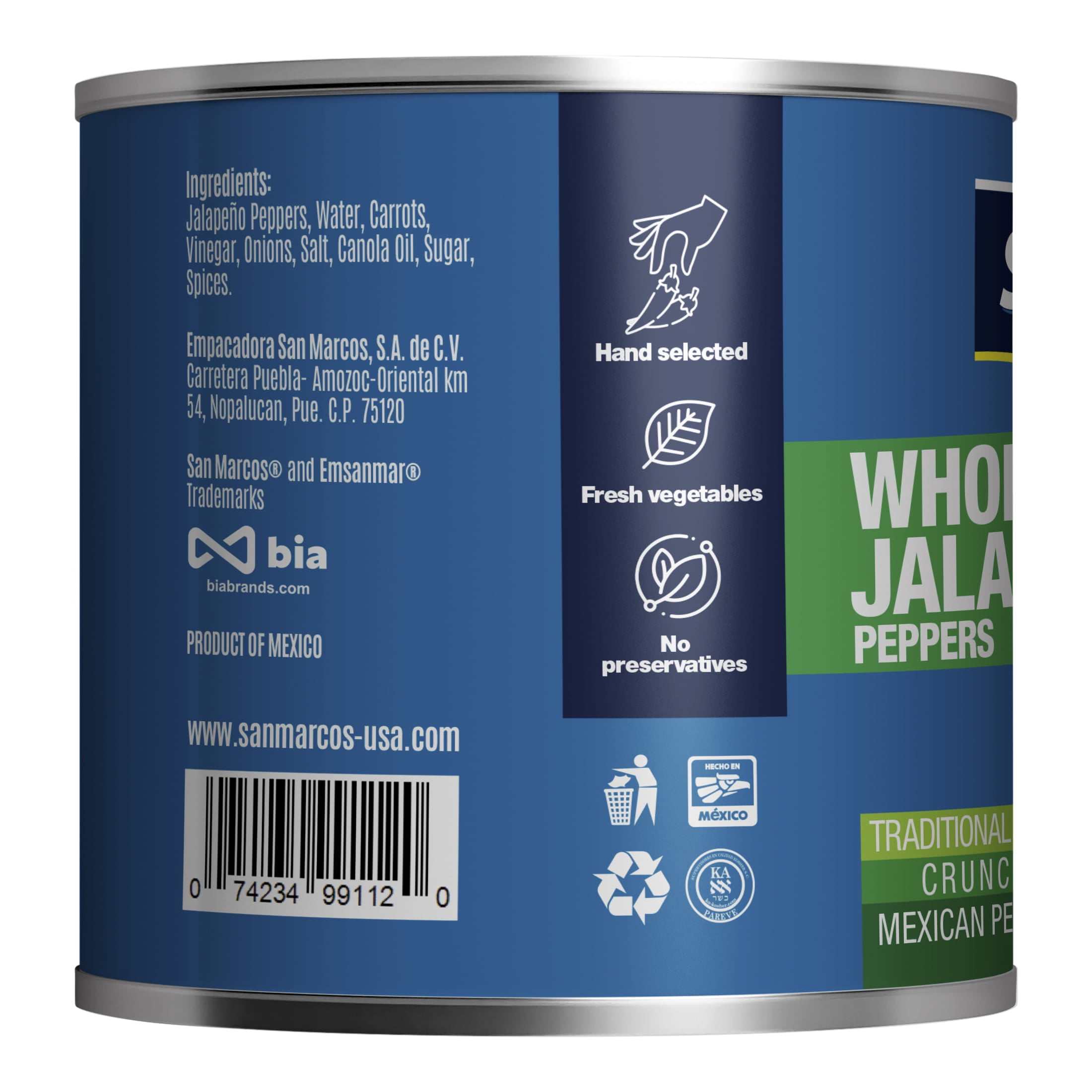 (3 pack) San Marcos Shelf Stable Whole Jalapeno Peppers, 26 oz Can