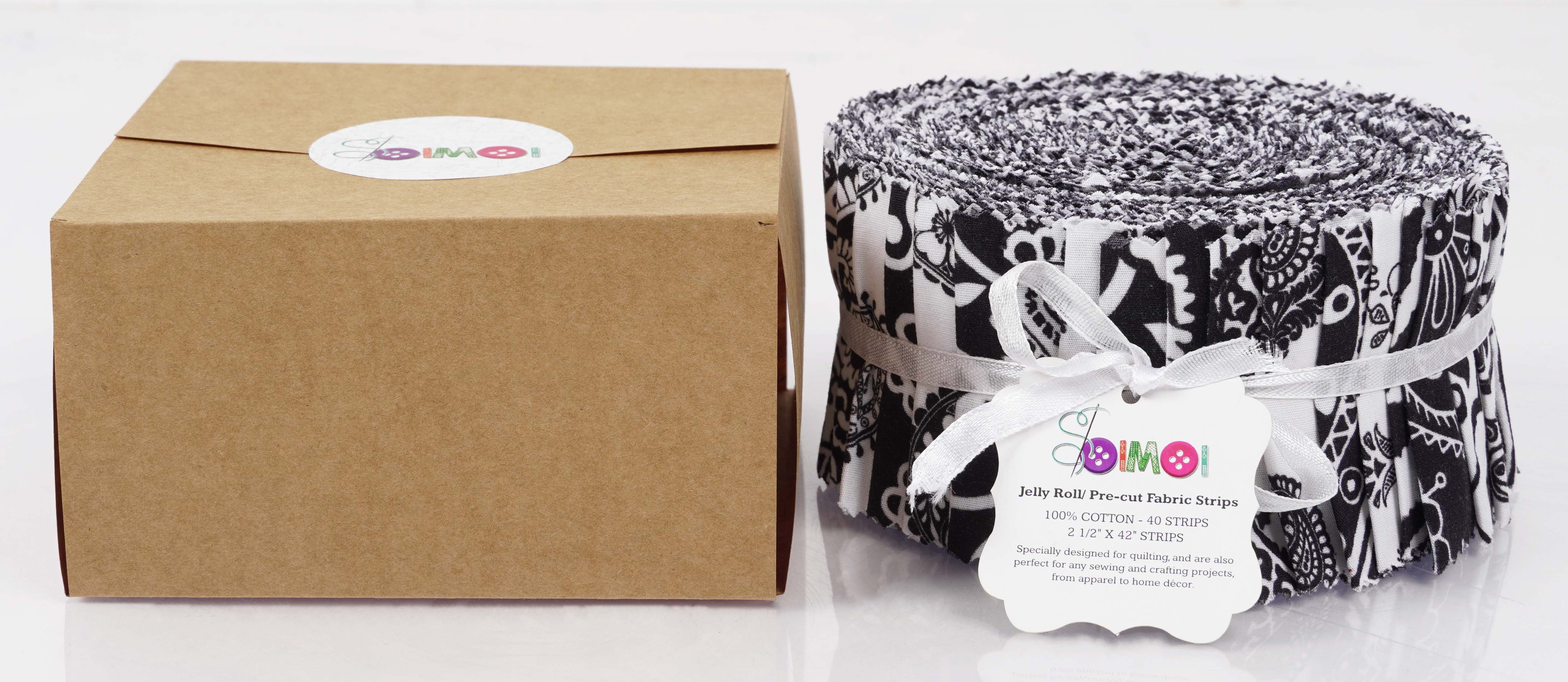 Soimoi 40Pcs Block & Paisley Print Cotton Precut Fabrics For Quilting Craft Strips 2.5 inches Jelly Roll - White & Black