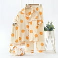 thumbnail image 5 of Wang6 Women's Cotton Pajamas Sets 3 Pieces Soft Long Sleeve Button Shirts Elastic Waist Shorts Wide Leg Pants Loose Fit Floral Printed Sleepwear Loungewear Pjs Sets Orange XL, 5 of 7