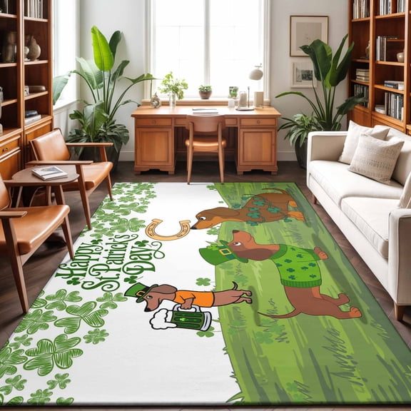Large Area Rugs 5'x8', St. Patrick's Day Carpet Runner Indoor Outdoor Rugs Home Decor Aesthetic, Green Lucky Clovers Dog Non Slip Mats Washable Accent Rug for Living Room Bedroom