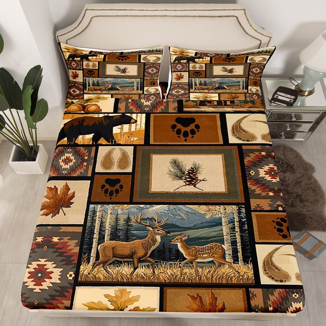 Erosebridal Farmhouse Deer Elk Fitted Sheet Set Queen, Boho Aztec Patchwork Bedding Queen Size, Rustic Room Decorative, Lightweight 3 Pieces