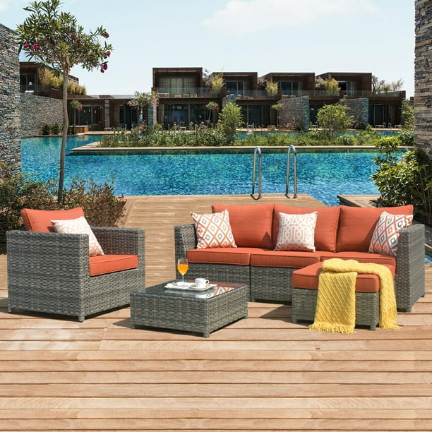 Ovios Patio Furniture Set 6 Piece Big Size Outdoor Sets Pe Rattan Wicker Sectional With Pillows And Cover No Assembly Required Orang Red Com Ovios Patio Furniture Set 6 Piece Big, No Assembly Required Outdoor Furniture