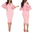 thumbnail image 3 of Vestido midi de noche de fiesta sexy elegante con cuello en V y hombros descubiertos con mangas con volantes lisos Vestido ajustado Ormromra WRMH-239-8, 3 of 6