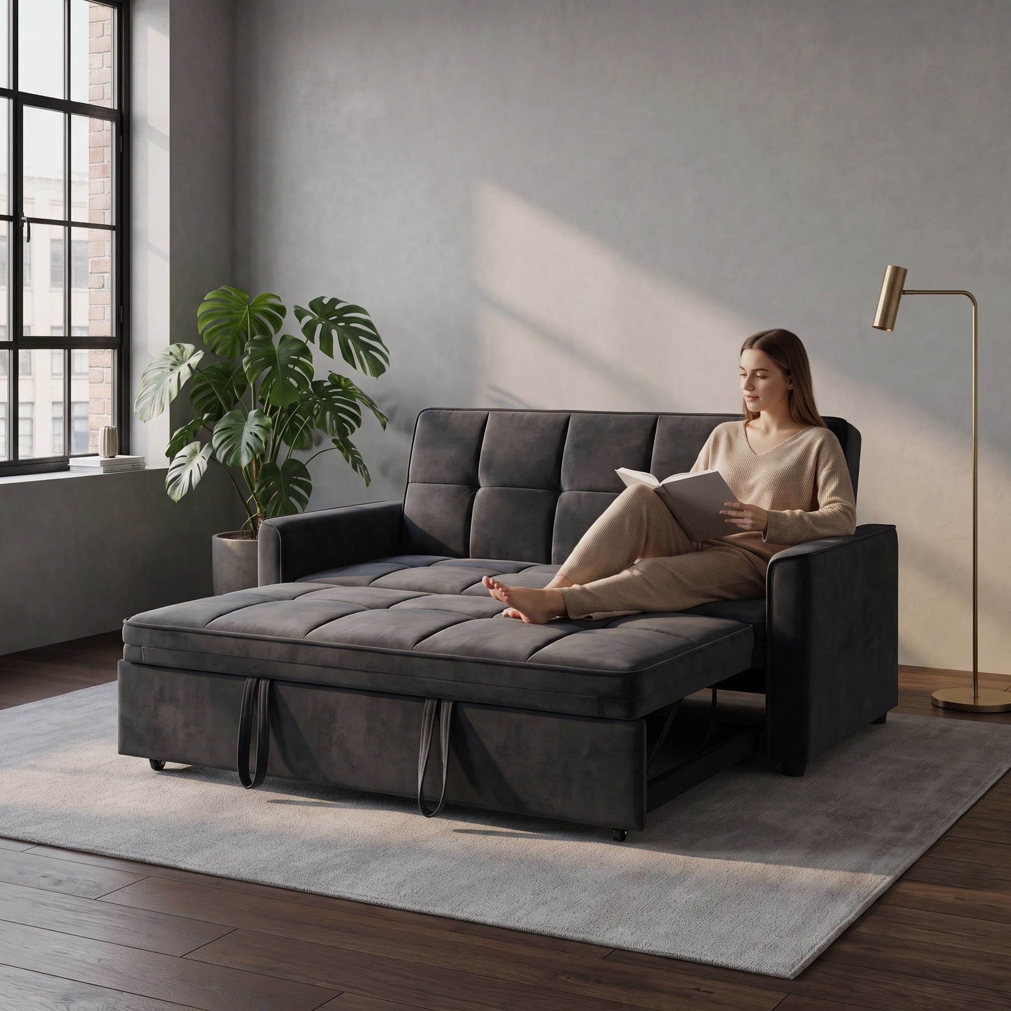 54" Convertible Sleeper Sofa Bed, Modern Velvet 3-in-1 Pull Out Loveseat Couch with 5-Position Backrest & Side Storage Pocket for Living Room, Black