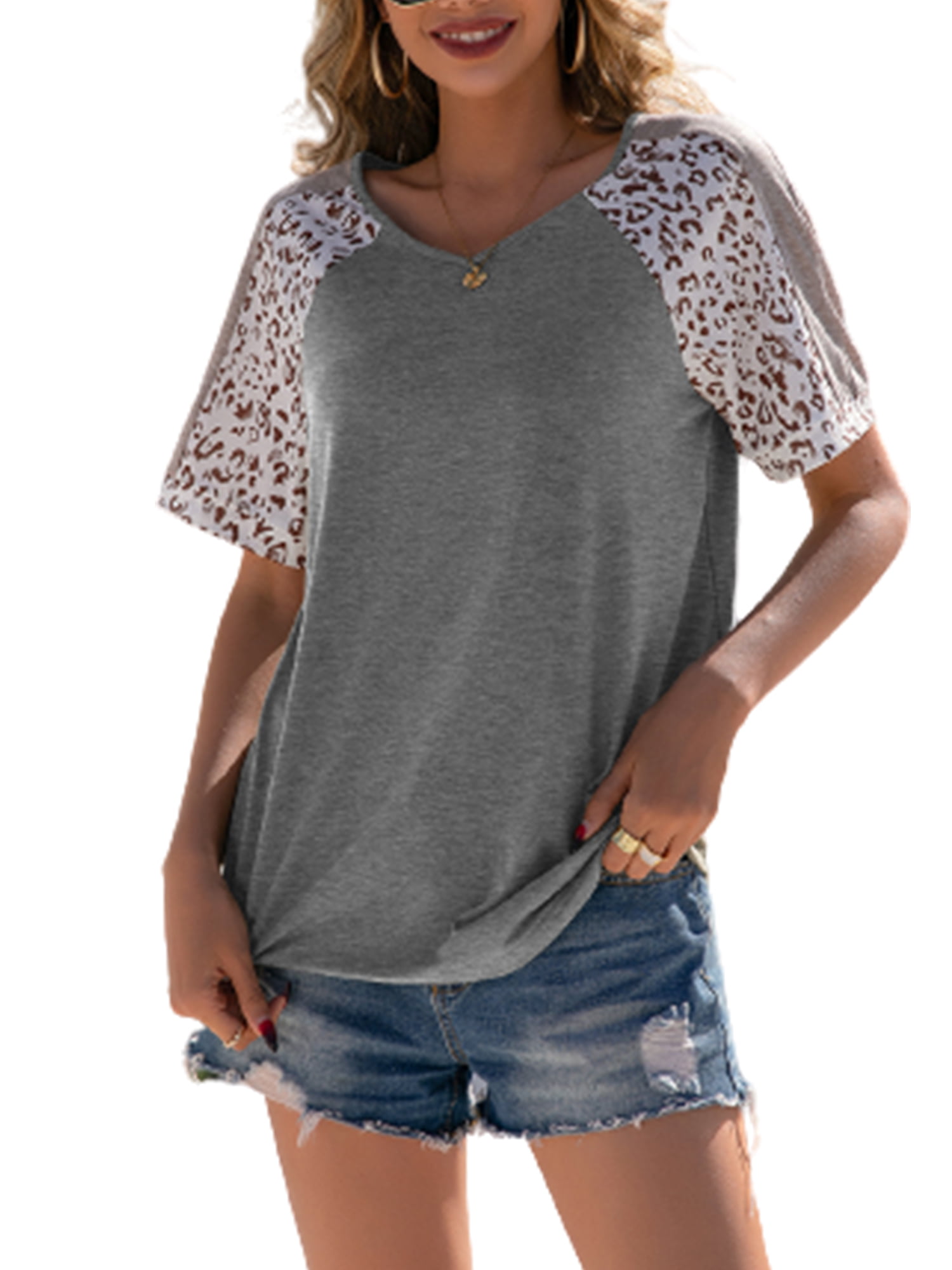Gvmfive Women Tops Patchwork Leopard Print Short Sleeve T Shirt Loose ...