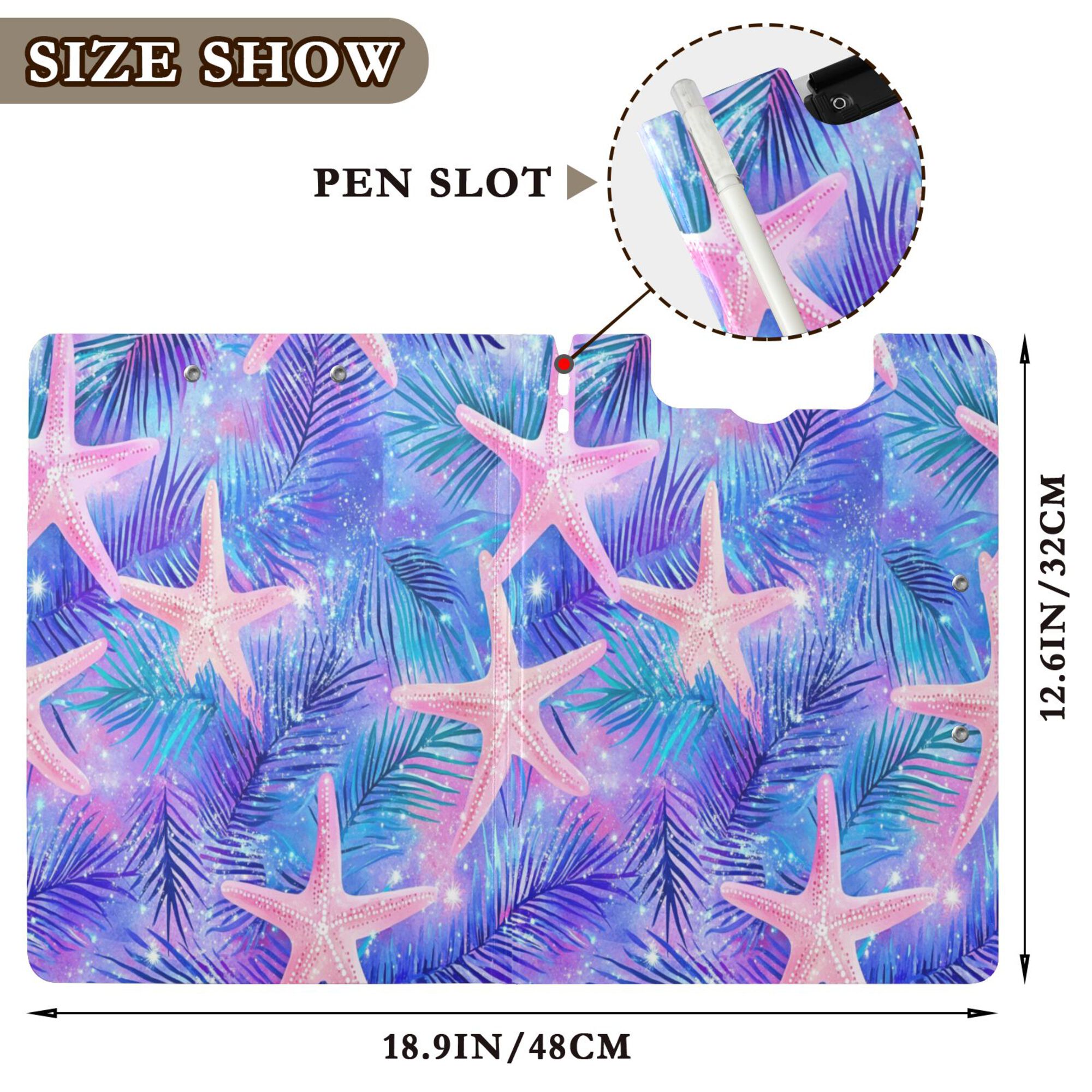 FORMRS A4 Clipboard Folder with Pen Holder Horizontal Foldable School Office Binder, Pink Starfish Pattern