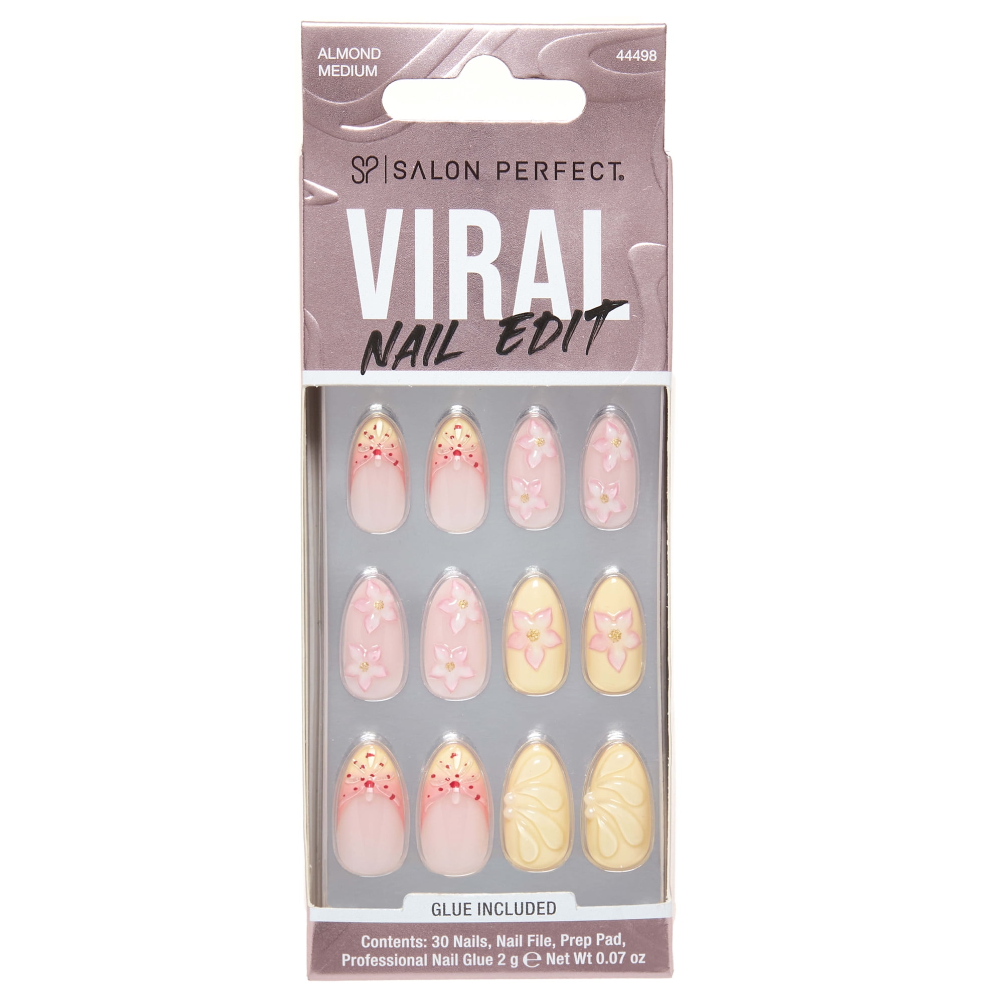 Salon Perfect Artificial Fake Press On Nails, 462 Viral Nail Edit, Yellow Flower, Short Almond, File, Glue and Prep Pad Included, 30 Nails