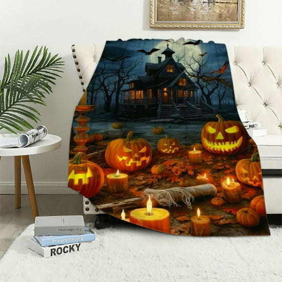 PRATYUS Pumpkins Candles Full Moon Halloween Flannel Throw Blanket for Bed Couch Sofa All Seasons, Flannel Material Blanket 40x50in