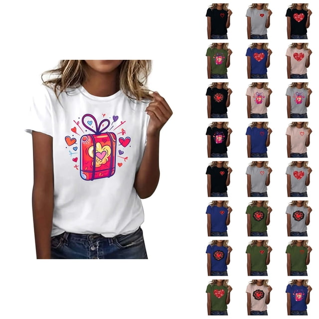T-shirts pour Femmes de la Saint-Valentin 2026 Mode Manches Courtes Col Rond avec Cœur Graphique