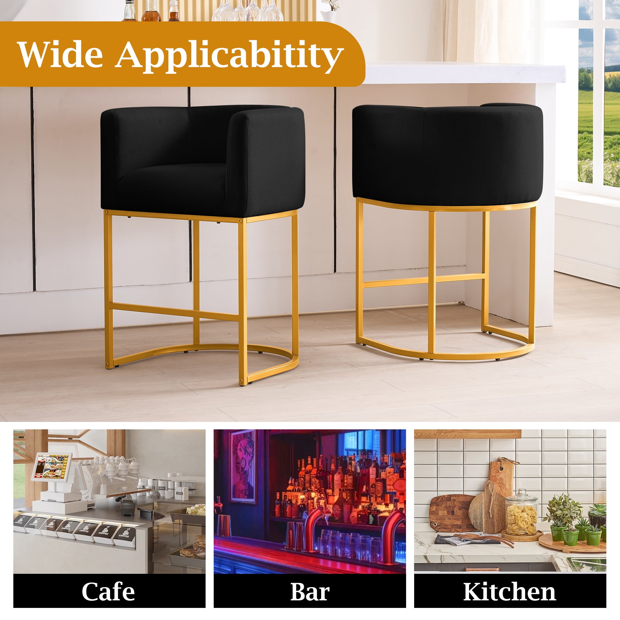 FANCROU 26" H Counter Height Bar Stools Set of 1, Fabric Barrel Stools with Back and Arms, Black-Golden Leg
