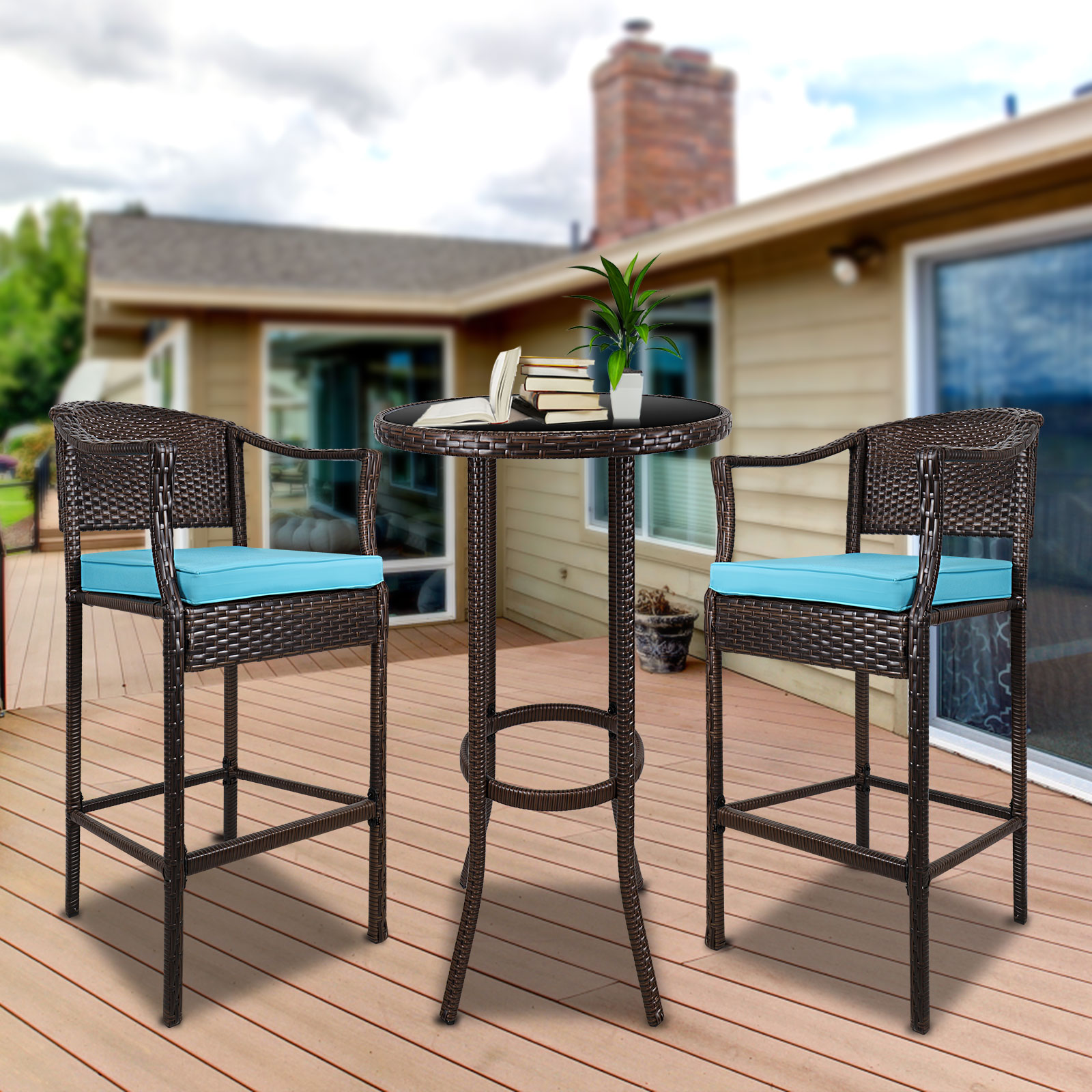 Syngar Patio Bistro Set, 3 Piece Outdoor Bar Table and Stools Set, 2 Patio Cushioned Bar Chairs with 1 High Glass Top Table, All Weather PE Rattan Furniture Set for Garden Yard Balcony Pool Cafe, B13 - image 1 of 10