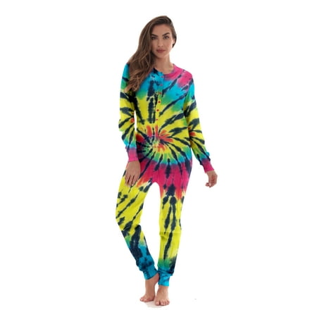 #followme Women's Thermal Henley Bodysuit - Cozy and Comfortable Winter Sleepwear and Loungewear Union Suit (Tie Dye Bright Swirl, XX-Large)