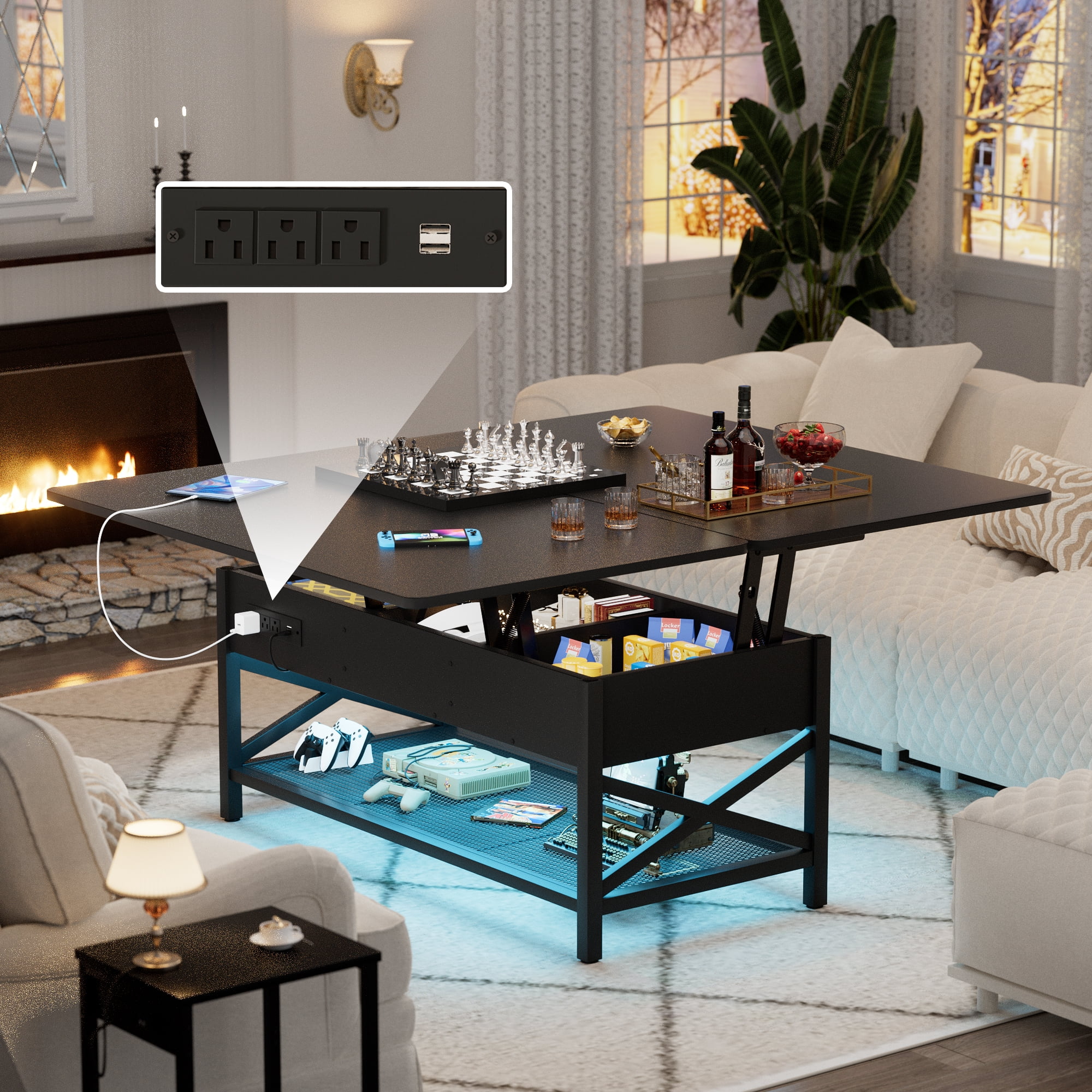 Homieasy Coffee Table Lift Top with LED Light and Power Outlet, Multi-Function Coffee Table Converts to Dining Table, Center Table with Shelves for Living Room Reception Home Office, Black