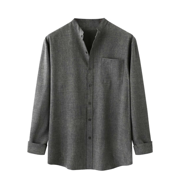 Top de camisa de lino y algodón de color sólido de manga larga con cuello levantado para otoño e invierno a la moda para hombre Pompotops oipoqjl53252