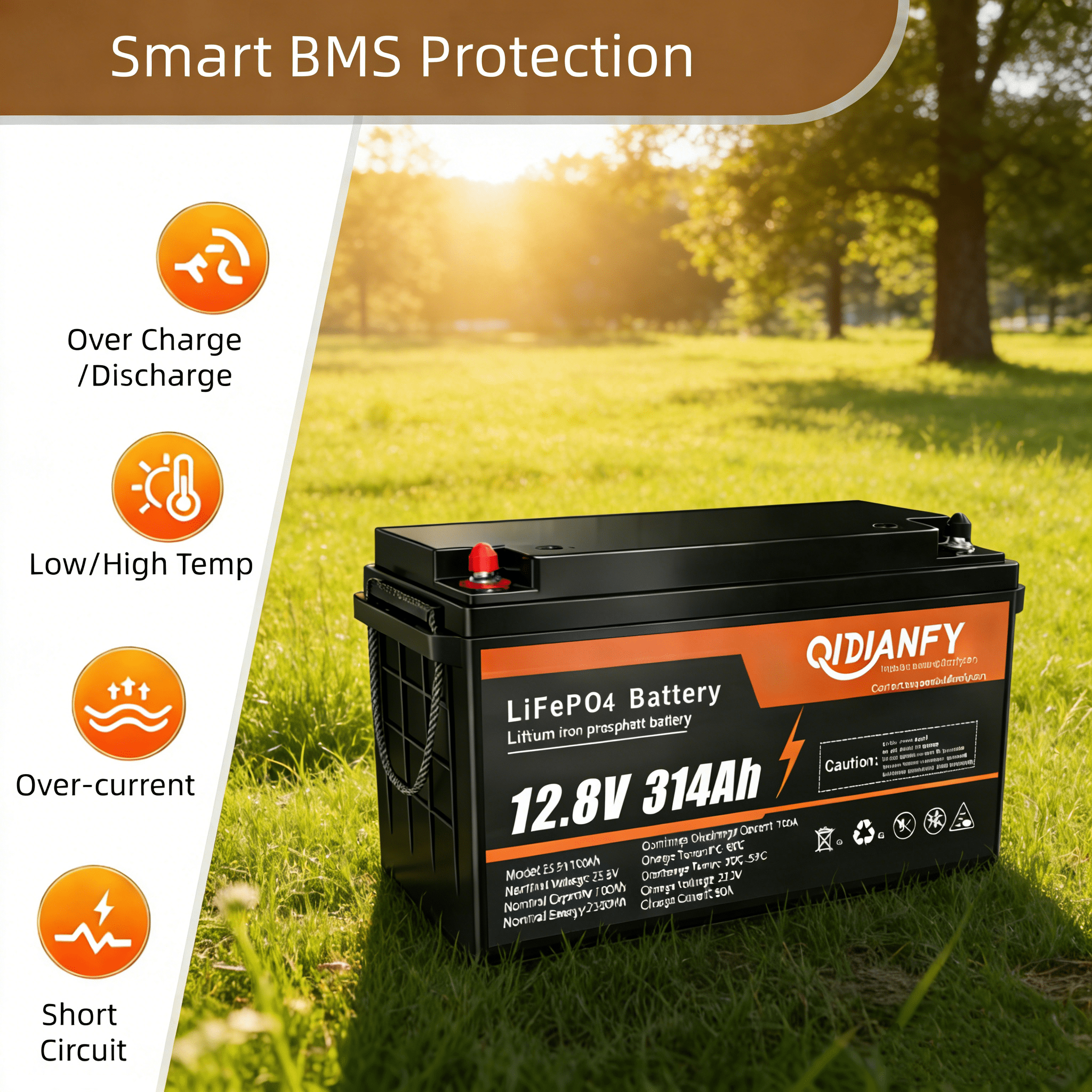 12V 314Ah (300Ah) LiFePO4 Lithium Battery with Bluetooth, 200A BMS, 15000+ Deep Cycles, 4019Wh Energy, Low-Temp Protection, Ideal for RV, Marine, Solar, Off-Grid and Home Backup Power