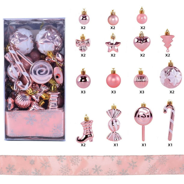 Decoraciones navideñas, adornos navideños, regalos navideños Juego de 30 adornos navideños con forma de bastón de caramelo y cinta. Combinación de bolas y cintas.