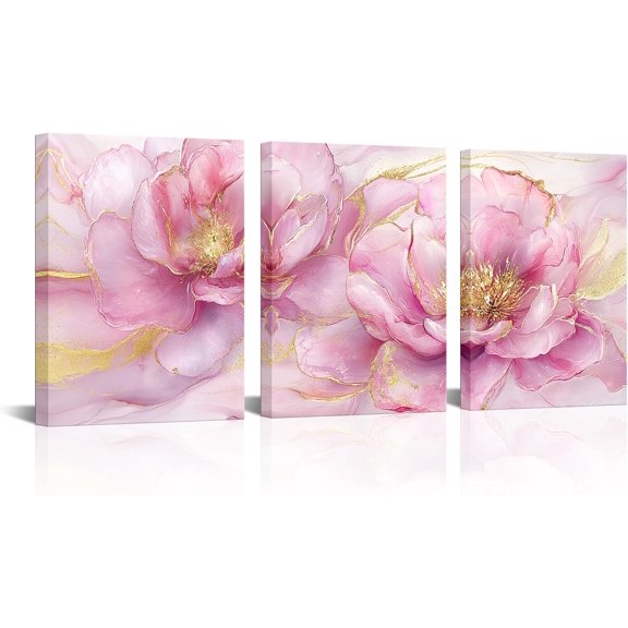 Hieng Pink Gold Wall Art Peony Flower Canvas Picture Painting Pink Floral Artwork for Bathroom Bedroom Wall Decor(only canvas)