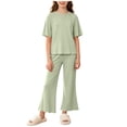 thumbnail image 2 of LEKWK Girls 2 Piece Pajamas Short Sleeve Loose Bow T-Shirts and Wide Leg Pants Summer Cute Lightweight Sleepwear Fashion Soft Modal Home Lounge Set 3-15Y, 2 of 7