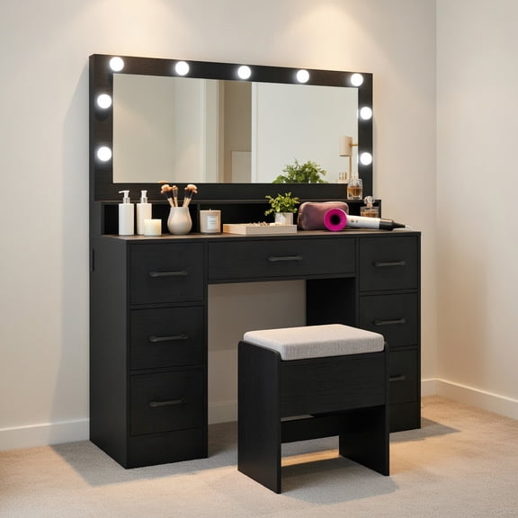 Resenkos Vanity Desk with Mirror and LED Lights, Makeup Table with Charging Station and Storage Drawers, Black