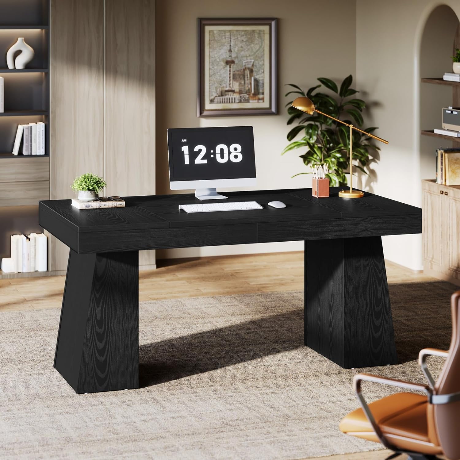 Finmind Large Wood Executive Desk, 55" Rectangle Office Desk with Double Pedestal, Modern Minimalist Computer Desk Workstations Conference Table Furniture for Home Office(Black)