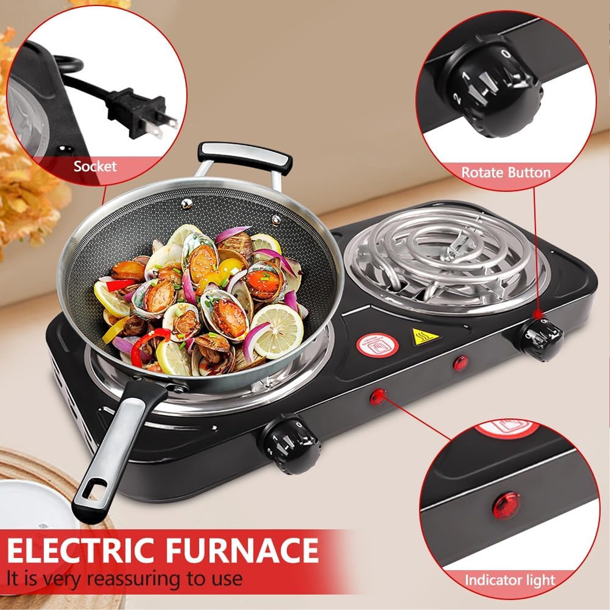 Daretodo 2000W Portable Electric Double Burner, Electric Hot Plate Kitchen Cooktop Cooking Stove Frying Pan and Easy to Clean for Home or Dorm, 5 Adjustable Temperatures, Black