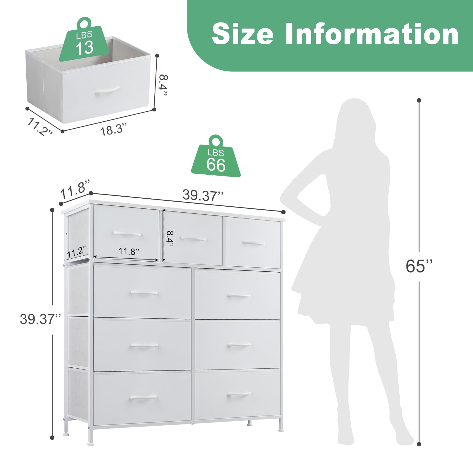 MAYEERTY Fabric Dresser with 9 Drawers for Storage and Organization, 39.4 Inch Tall Chest of Dresser, White