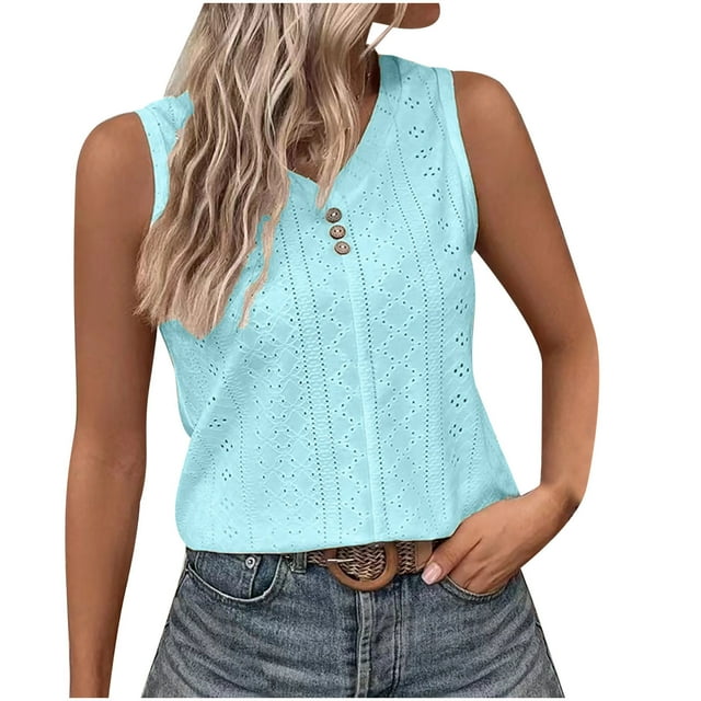 Timegard Womens Tank Tops Eyelet V Neck Button Slim Fitting Sleeveless Tops Casual Summer Beach Vacation