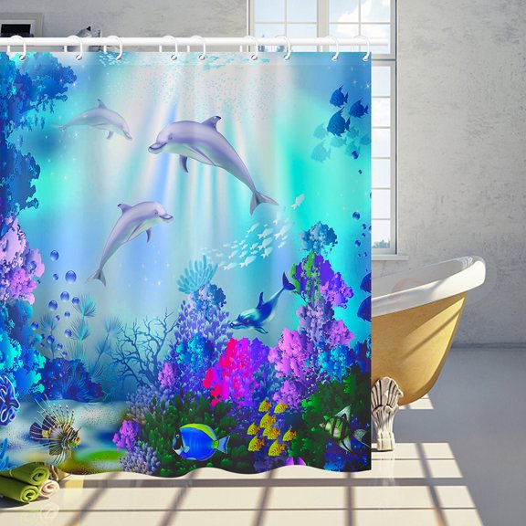 Kids Dolphin Shower Curtain for Bathroom Decor 72Wx72H Ocean Sea Underwater Turtle Fish Tropical Coral Reef Marine Wildlife Art Printed Fabric Polyester Waterproof 12 Pack Plastic Hooks
