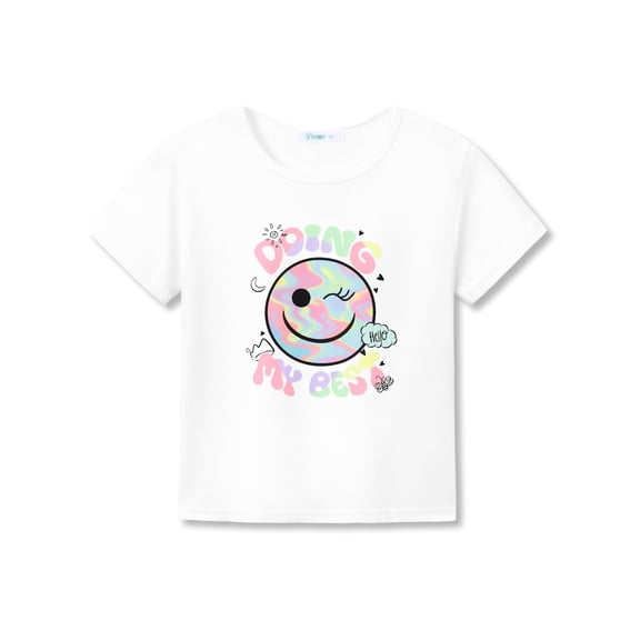 Serdomi Girls Short Sleeve T-shirt Summer Tops for Kids Lovely Smiling Face Crewneck Graphic Tees Size 10