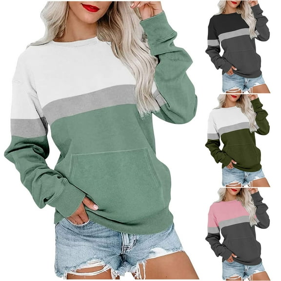 Utoimkio Women's Casual Crewneck Sweatshirts Long Sleeve Loose Color Block Pullover Tops Fall Pullover Sweatshirts Tops Shirts with Pockets