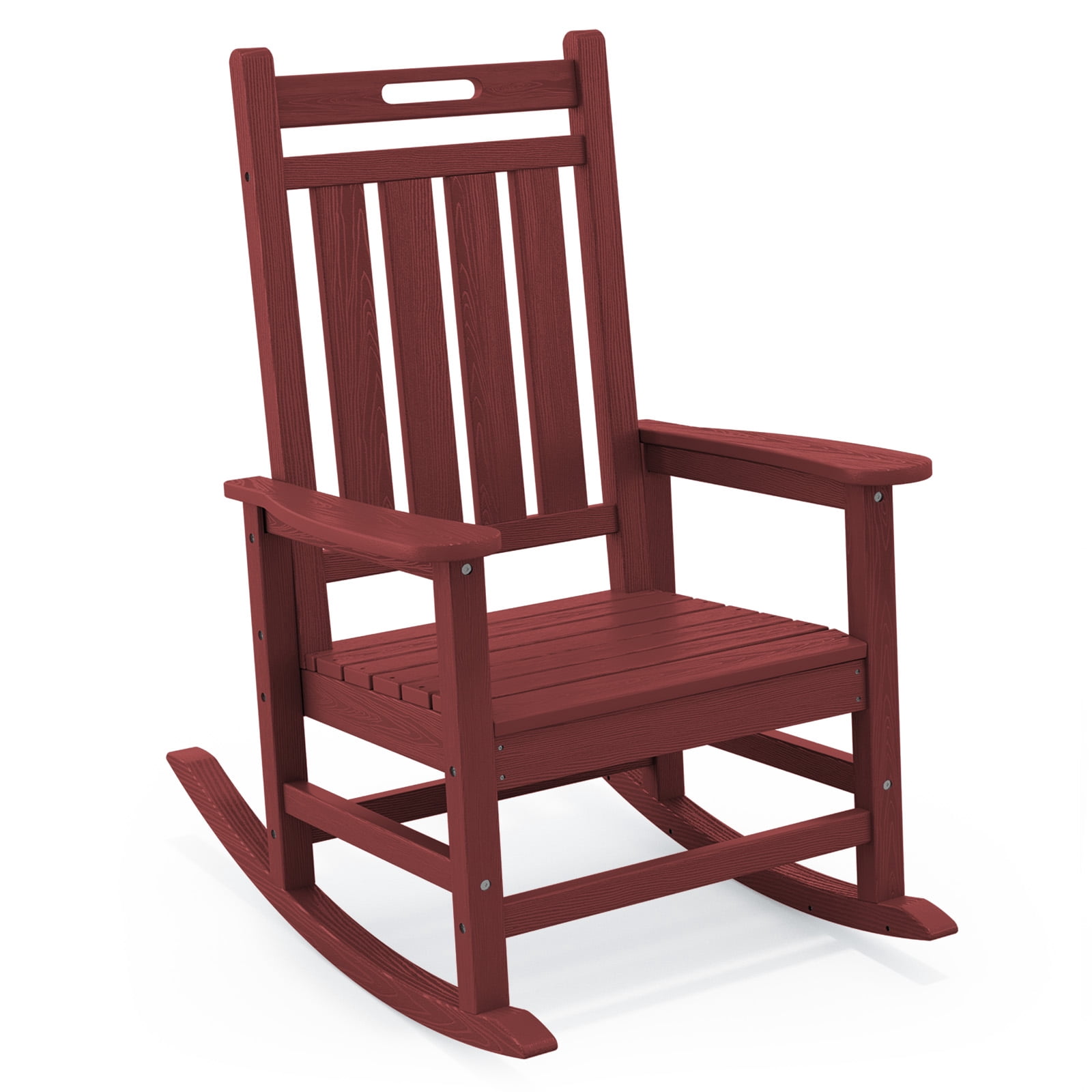 LOYALICE HDPE Outdoor Rocking Chair for Porch Patio, All-Weather High Back Rocker with Wood-Grain Texture, Heavy-Duty Deck Garden Seating, Fade-Resistant & Easy to Clean,Dark Red