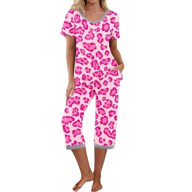 Puntoco Conjuntos de pijamas cómodos para mujer Conjunto de pijama y pantalón de manga corta con cuello en V para mujer Pijamas casuales con bolsillos