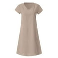 thumbnail image 4 of Robes Femmes Liquidation Femmes Manches Courtes Col en V Décontracté Vacances Chaud Couleur Unie Mini Robe Droite Coton Lin Robe T-Shirt Printemps Été Robes pour Femmes, 4 of 5