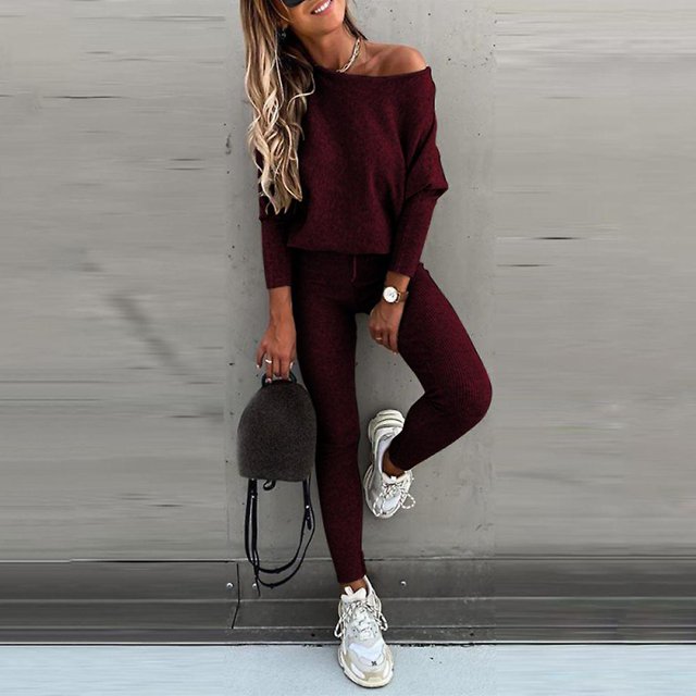 Ladies Womens Two Piece Outfit Long Sleeve One Shoulder Pullover Tops And Long Pants Tracksuit
