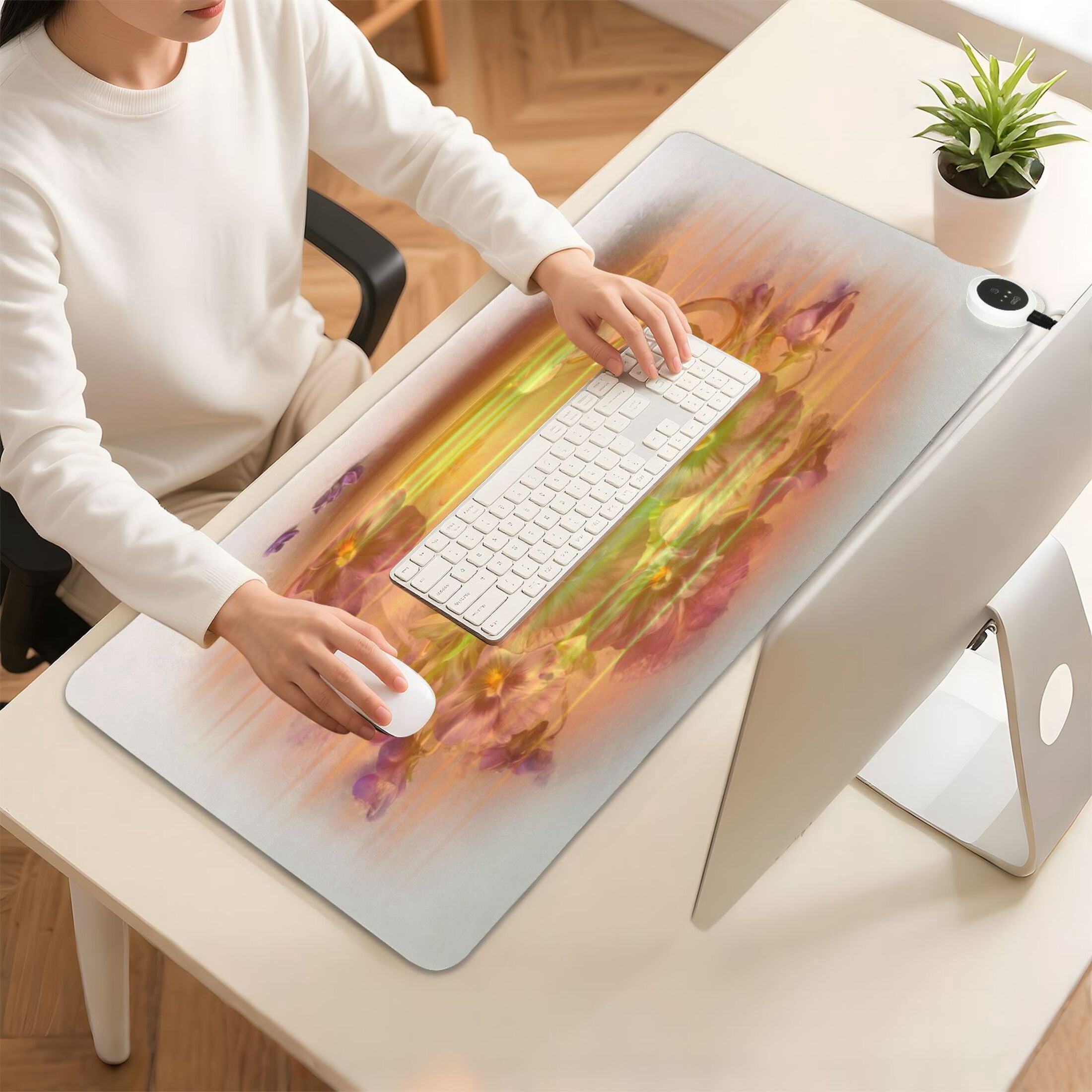 Large Heated Desk Mat Mouse Pad 31.5"x13"PU Leather Graphene Heating Desk Warmer with 3 Temperature Settings 110V US Plug Non-Slip Warm Pad for Home, Office, and Gaming Oil Painting Of Pansies