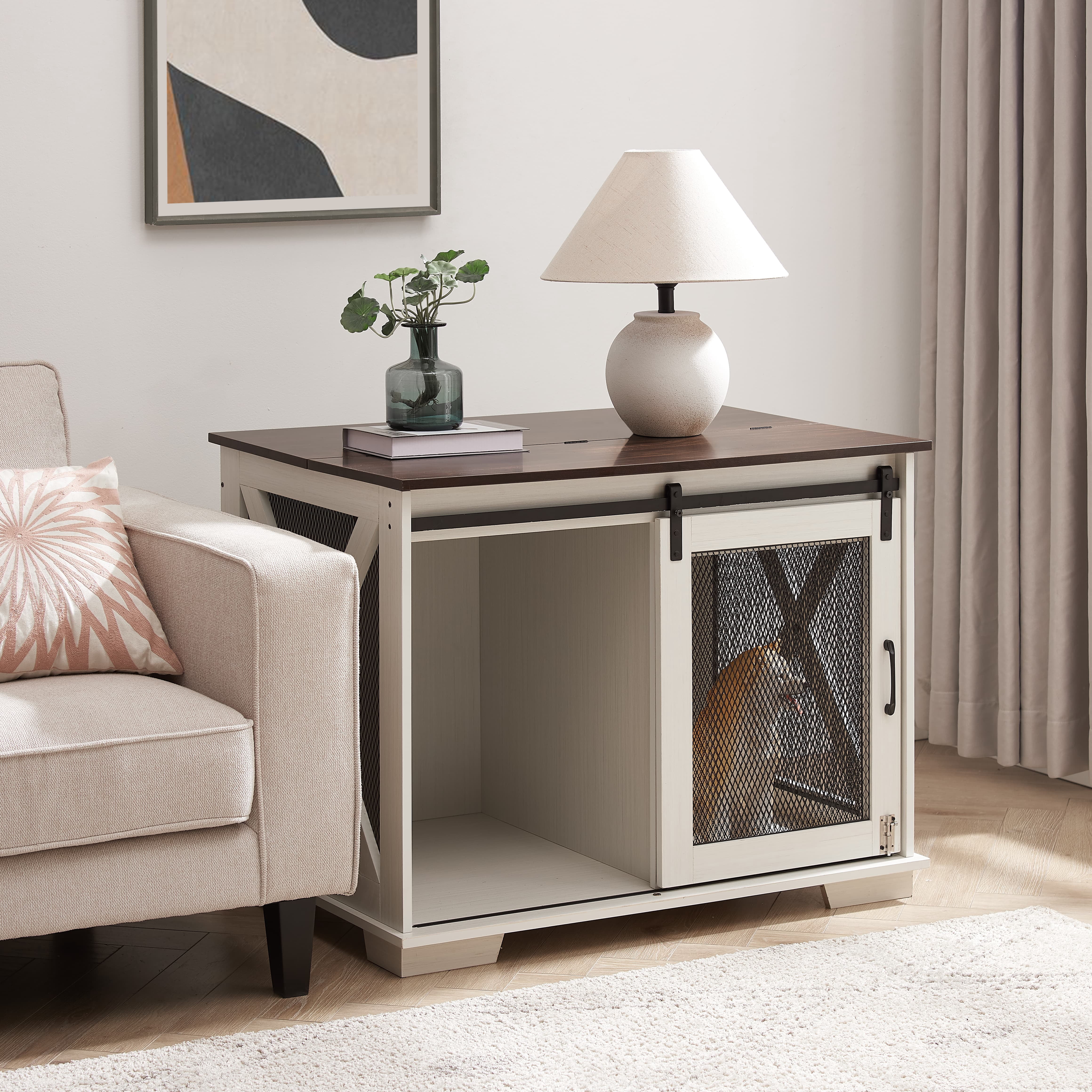 Farmhouse Dog Crate End Table Furniture – Sliding Barn Door, Flip-top Plate & Detachable Divider for Small/Medium/Large Dogs (Gray)