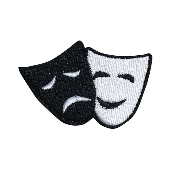 Comedy and Tragedy Masks Embroidered Iron On Patch, Theater Drama Mask Applique, 2.38 inch x 1.62 inch