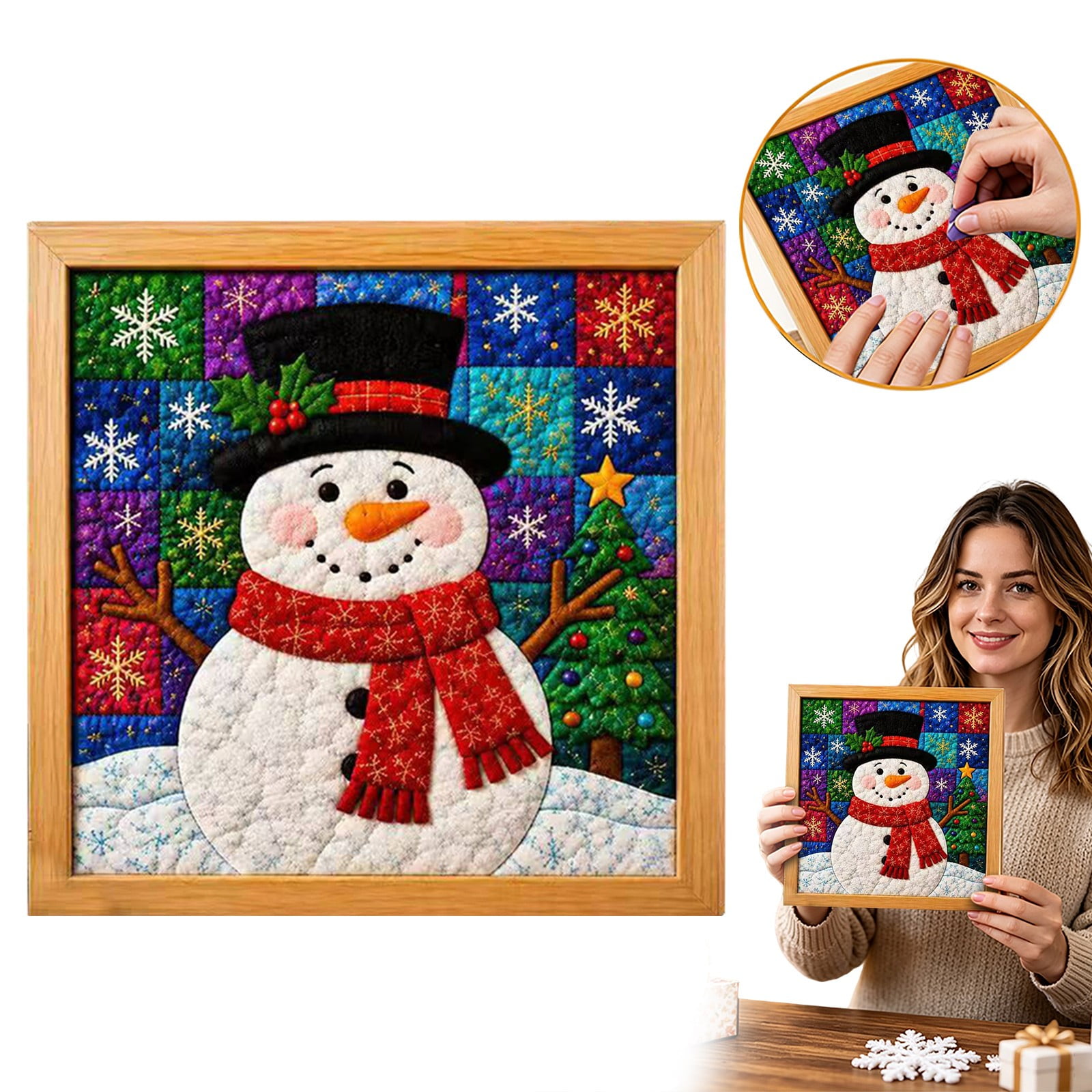 Christmas DIY Quilt Art Kit Holiday Fabric Sewing Project Set Festive Patchwork Craft Kit for Seasonal Wall Hanging Decor Christmas Themed Hand‑Making Craft Supplies Decoration Christmas Snowman