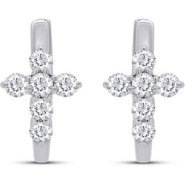Gems Jewels 1.00 CT Round Cut White Diamond Cross Huggie Hoop Earrings In 14K White Gold Over Sterling Silver Gift For Women