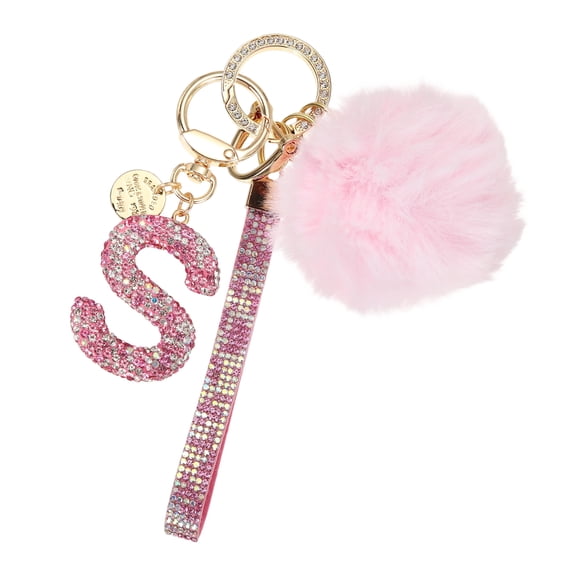 Uxcell Initial Letter Keychain, Alphabet S Bling Rhinestone Keyring Key Chains Charms with Pom and Rhinestone Wristlet for Women Girls Car Key Purse Backpack Handbag Charm, Pink