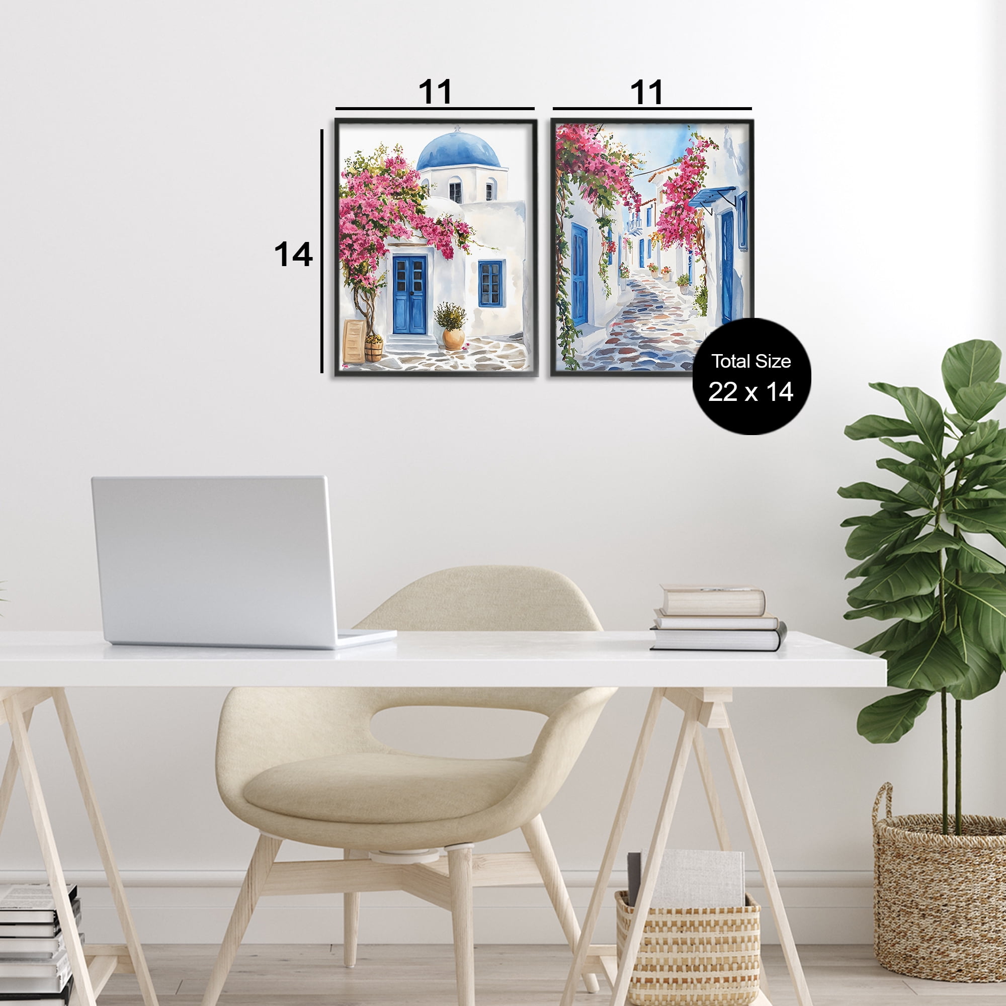 Stupell Industries Santorini House with Pink Tree 2 Piece Black Framed Giclee Art Set, design by LSR Design Studio