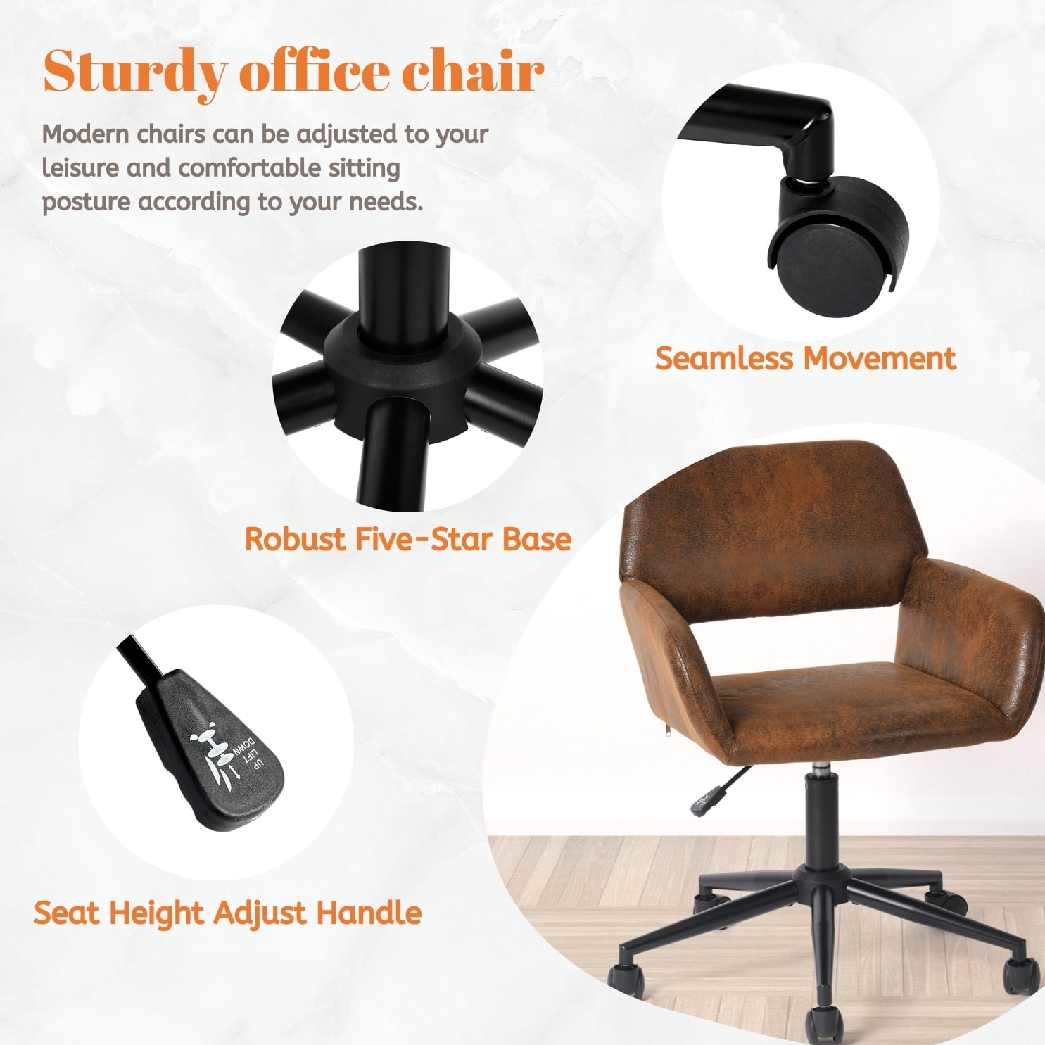 Homy Casa 1-Piece Ergonomic Office Chair, Adjustable Faux Suede Desk Chair with Padded Arms for Home Office
