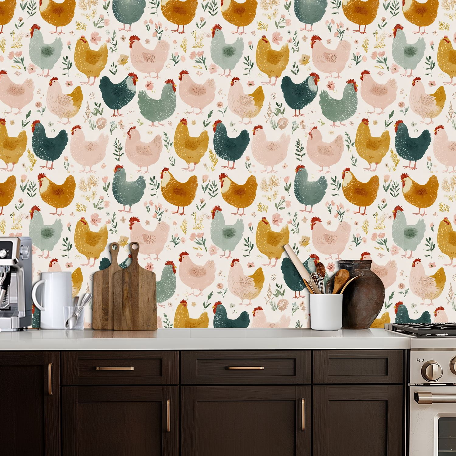 Chicken Peel and Stick Wallpaper Whimsical Hand Drawn Chicken Floral Accents Wall Mural 17.7in x 9.8ft Self Adhesive Removable Wall Paper Renter Friendly Wallpaper for Nursery Bedroom Cabinets