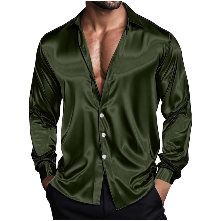 dark green dress shirt Emerald Green Solid Satin Men's Long Sleeve Dress Shirt, L