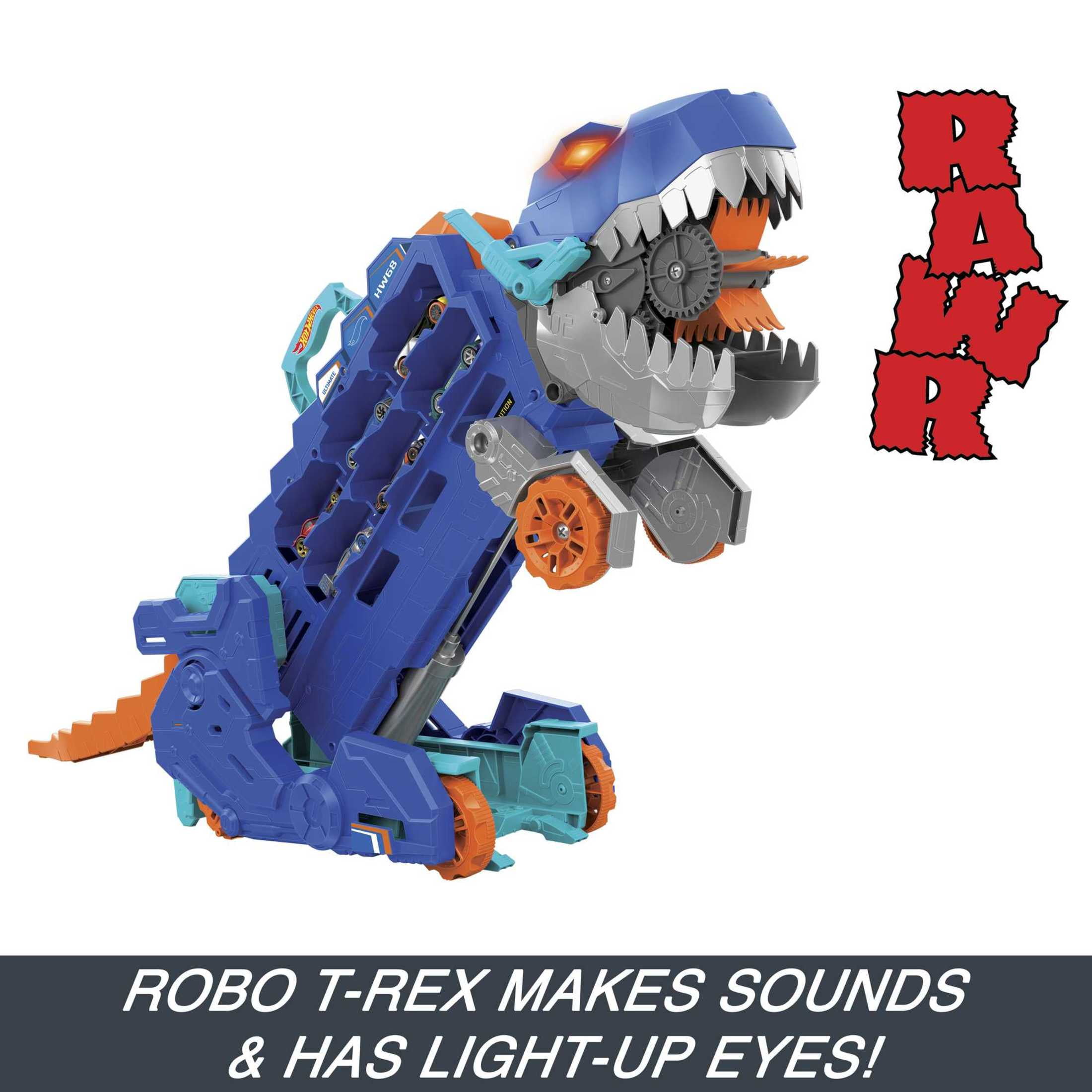 Hot Wheels City Ultimate T-Rex Transporter, Hauler Transforms into a Dino, Featured in “Let’s Race”